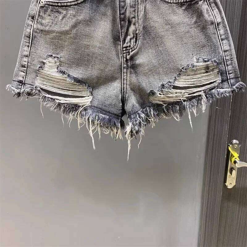 Worn Legs with Rough Edges Washed Black 2026 Summer New Women Fashion A-line Wide Leg Hole Ripped Denim Shorts C260206