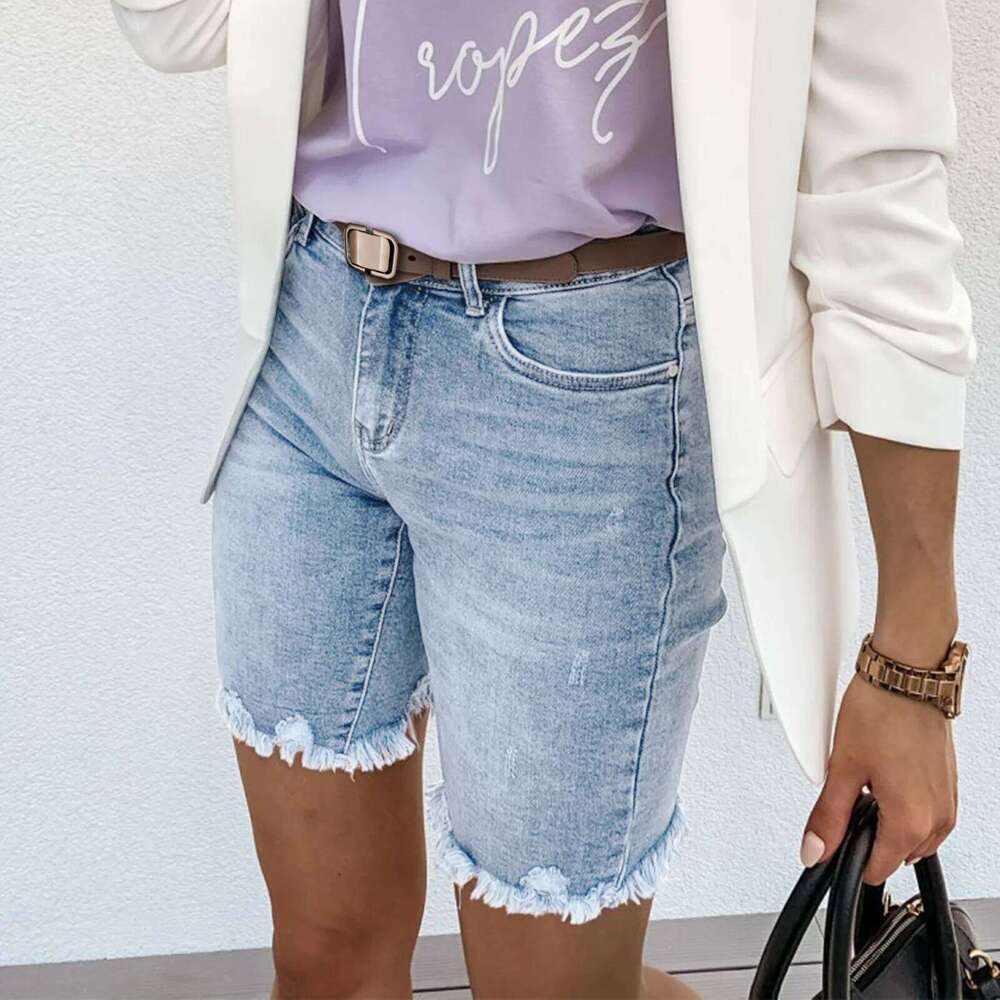 Summer New Fringed Design Mid-length Jeans. Ladies' Street Fashionable Washed Ripped, Slim-fit Straight Leg Casual Denim Shorts C260206