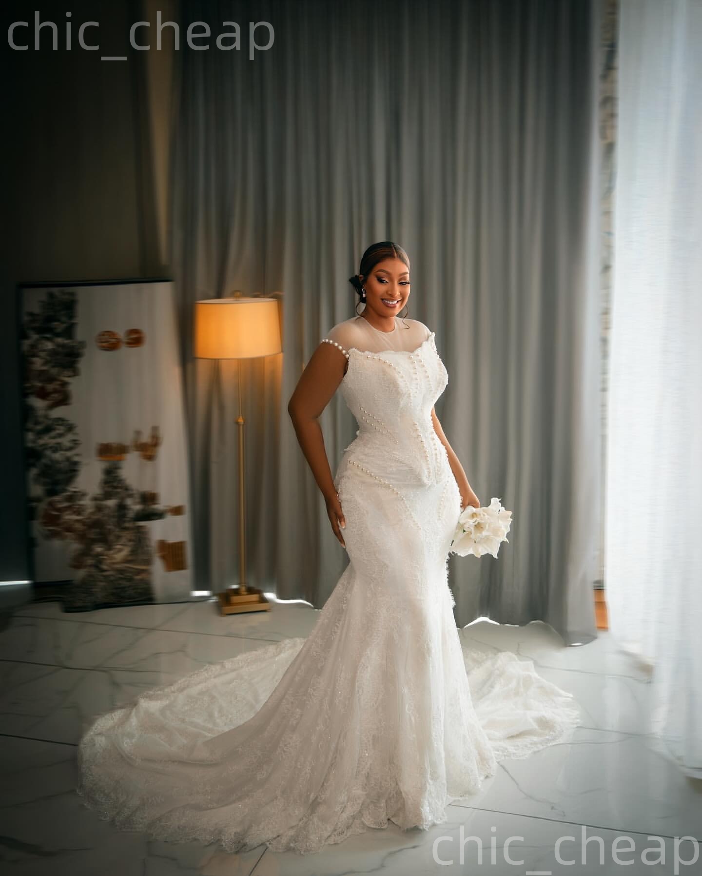 African Aso Ebi 2026 Ivory Mermaid Wedding Dress Sheer Neck Pearls Beaded Lace Sleeveless Vintage Elegant Bridal Gowns Dresses ZJ233w