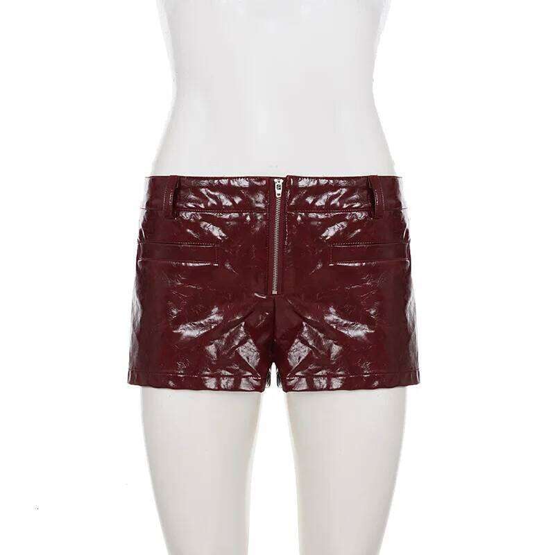 Sexy Red PU Leather Booty Women Low Waist Straight Casual Shorts C260206