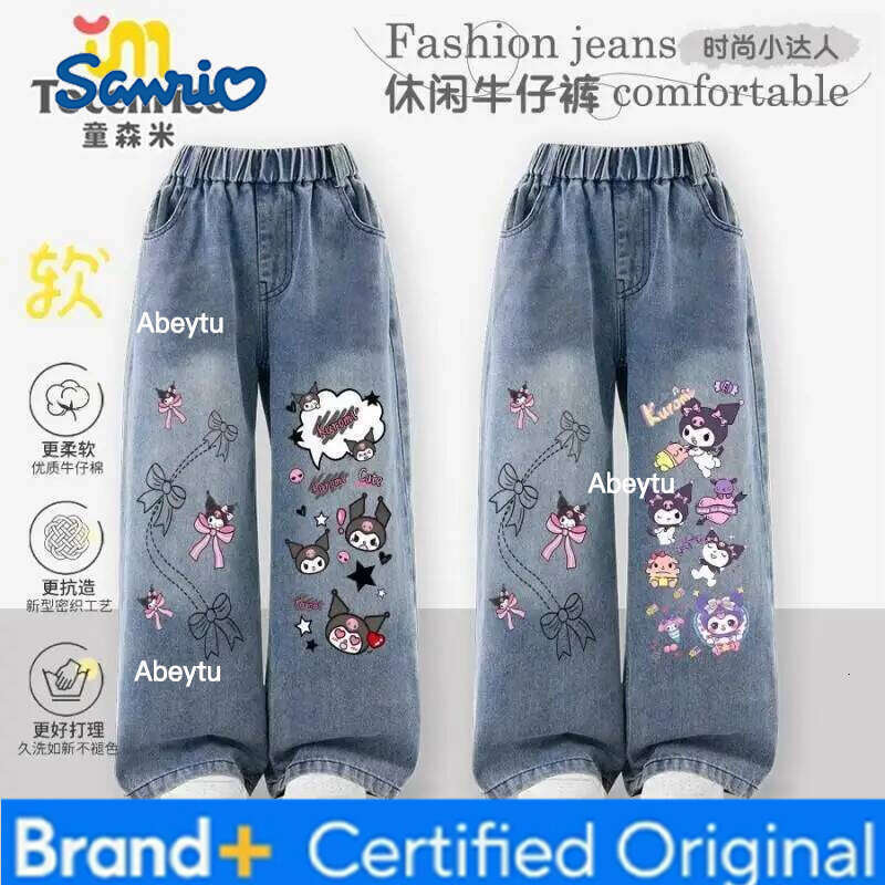 Sanrio Hello Kitty Kuromi Straight Cut Wide-Leg Jeans Girl Student Spring, Autumn, and Winter Pants Thicken Children's Clothing H260206