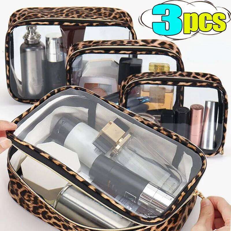 S/M/L Leopard Print Clear Makeup Large Capacity Waterproof Transparent Bag Travel MakeUp Cosmetic Organizer Zipper Y260206