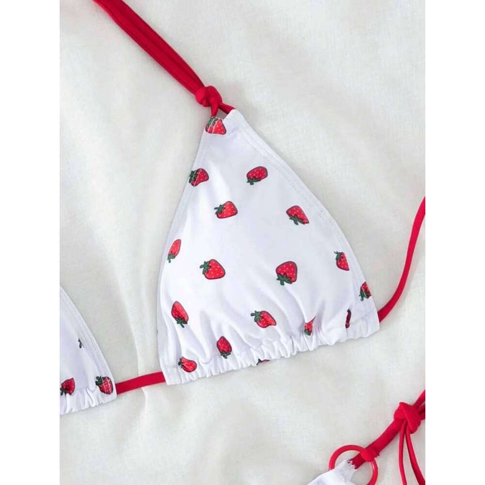 Sexy women cute strawberry print halter string micro bikini sets two pieces swimsuit Swimwear bathing suit beach outfits biquini XJ260206