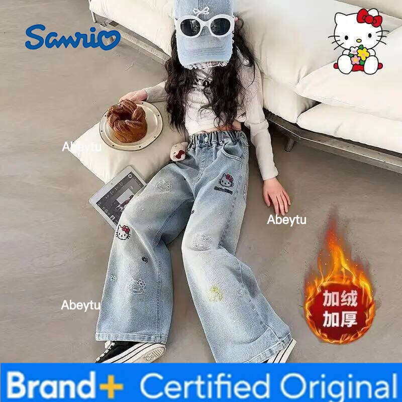 Sanrio Hello Kitty Jeans Girl Boy Kids Kawaii Casual Fashion Warm Autumn Winter Embroidery Wide Mouth Pants Children's Clothing H260206