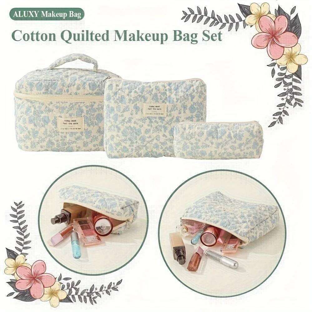 Large Travel Quilted Makeup for Women, Cotton Cosmetic Bag, Coquette Aesthetic Floral Toiletry Organizer Bag Y260206