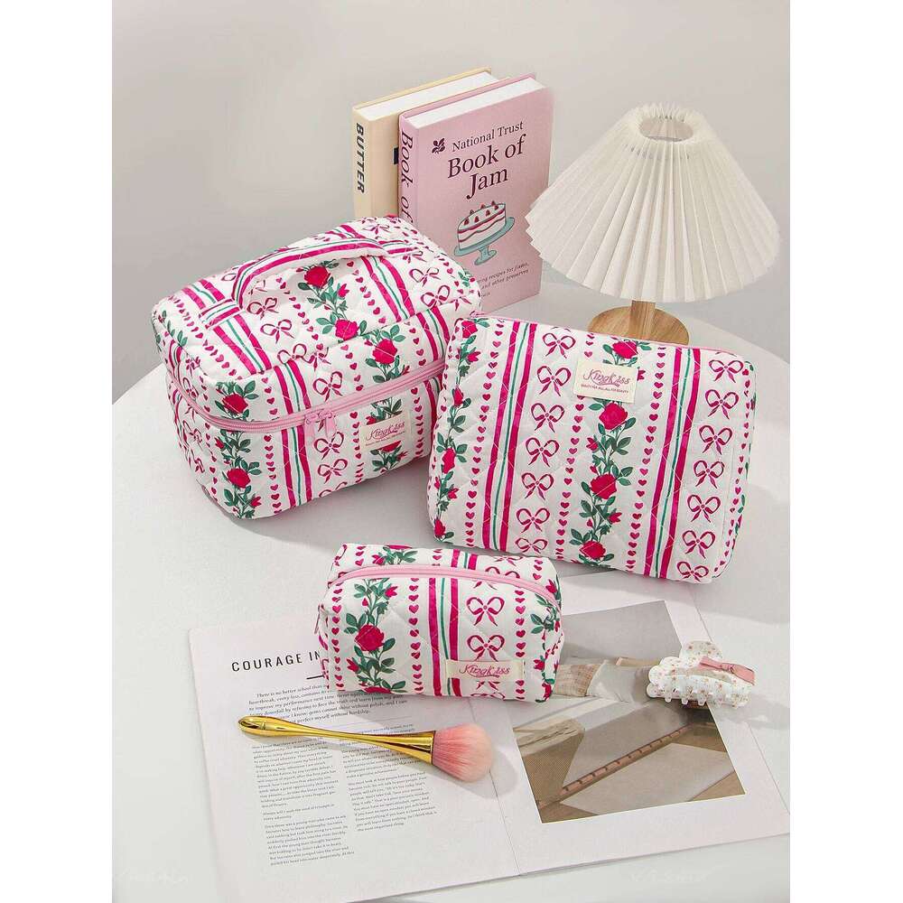 1/3PCS for Women Quilted Cotton Make Up Travel Cosmetic Large Set Cute Bow Makeup Bag Organizer Y260206