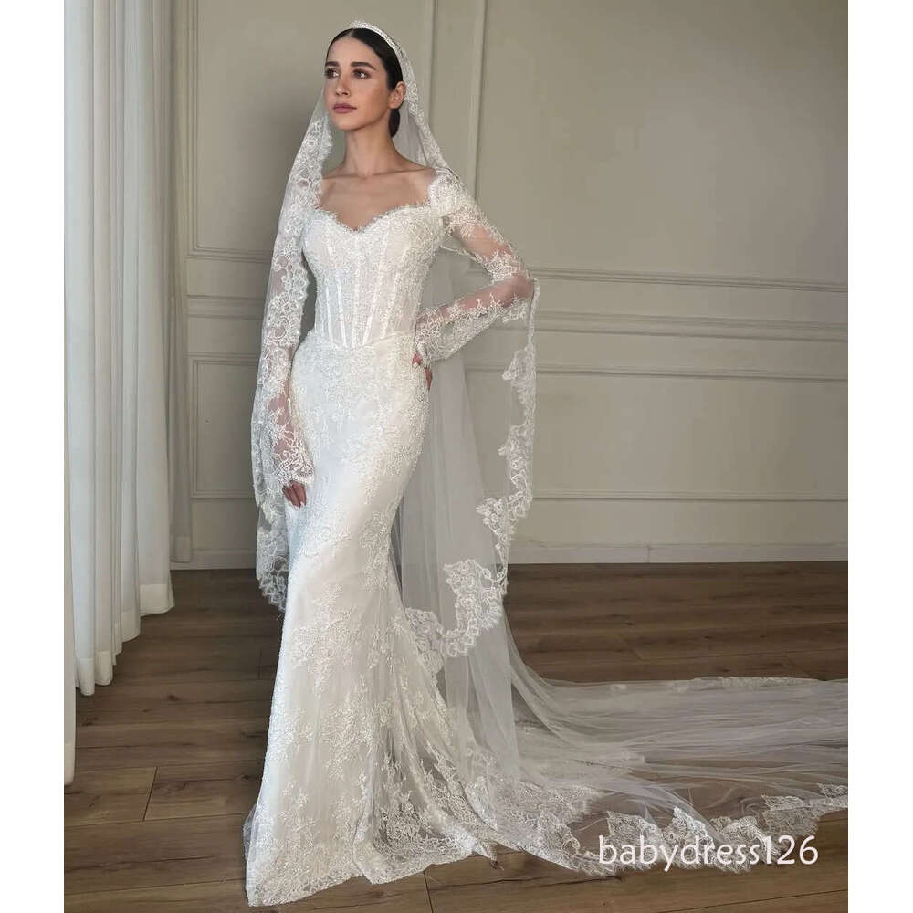 Designer Wedding Dress Sexy V Neck Off The Shoulder Transparent Lace Embroidery Mermaid Bridal Gowns With Veil BC21610 N08