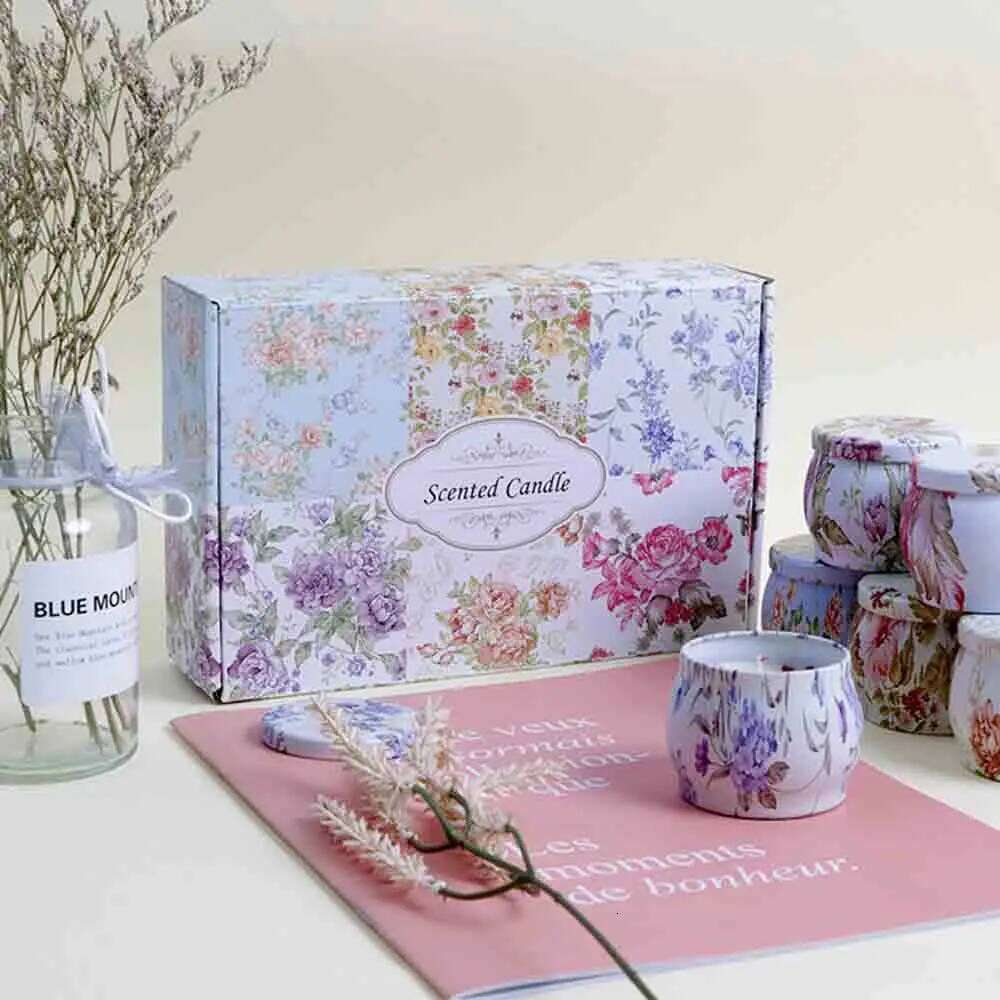 1 Box of 6 Tin Can Soy Wax Essential Oil Dried Floral Scented Candle Set Wedding Birthday Gift Home Decoration H260205