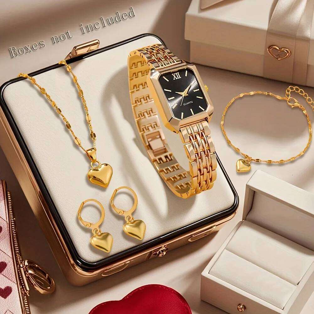 5PCS Elegant Rectangle Women Watches Heart Jewelry Set Fashion Roma Dial Ladies Analog Quartz Wristwatch Reloj MujerWithout Box Z260206