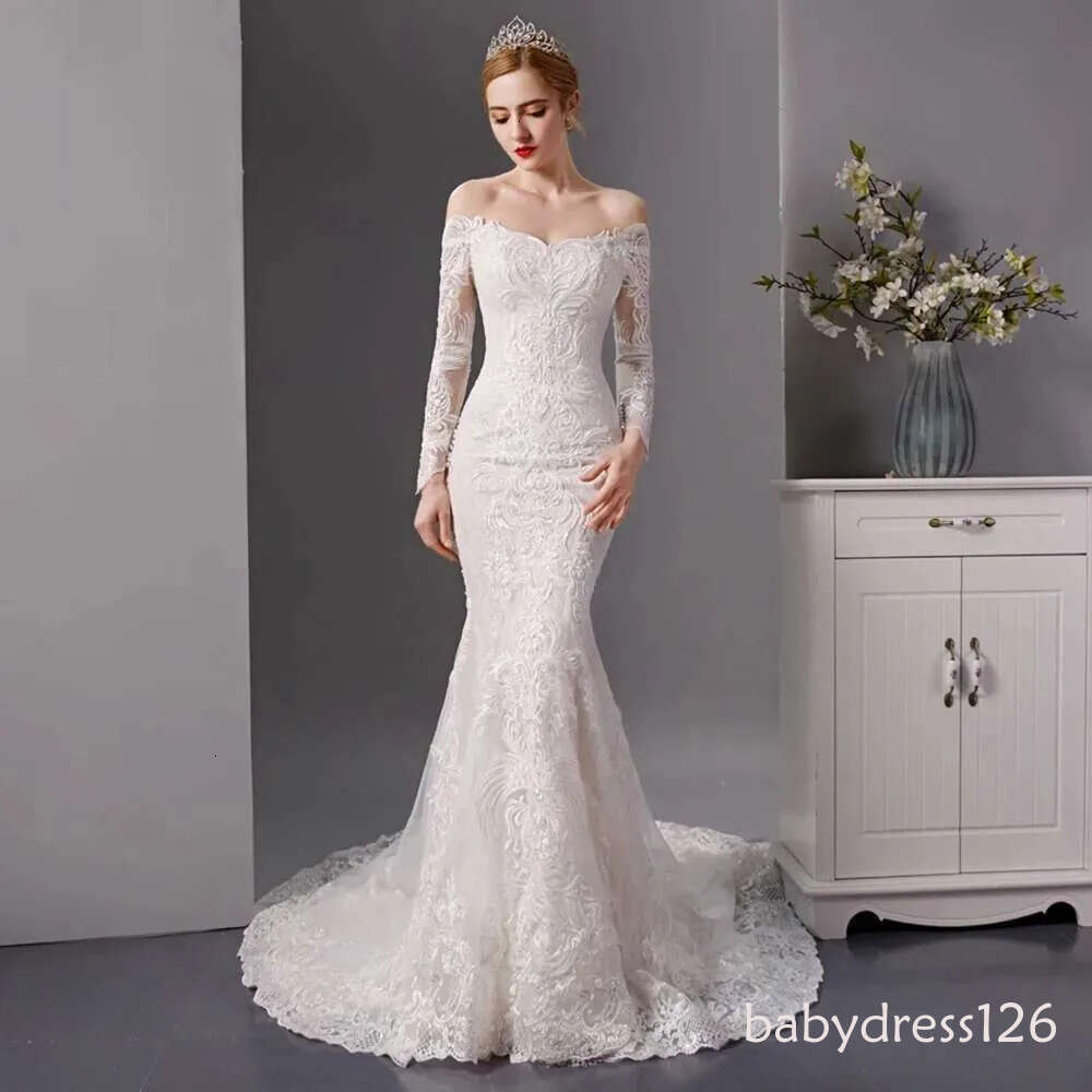 Custom Stylish Boat Neck Long Sleeves Mermaid Wedding Lace Appliques Fringed Princess Bridal Dresses