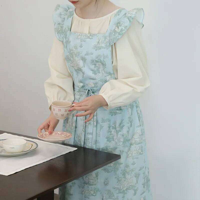 Long Print Water-resistant Cotton Ruffled Kitchen Apron with Pockets Women Cross-back Pinafore for Cooking Baking Gardening S260205