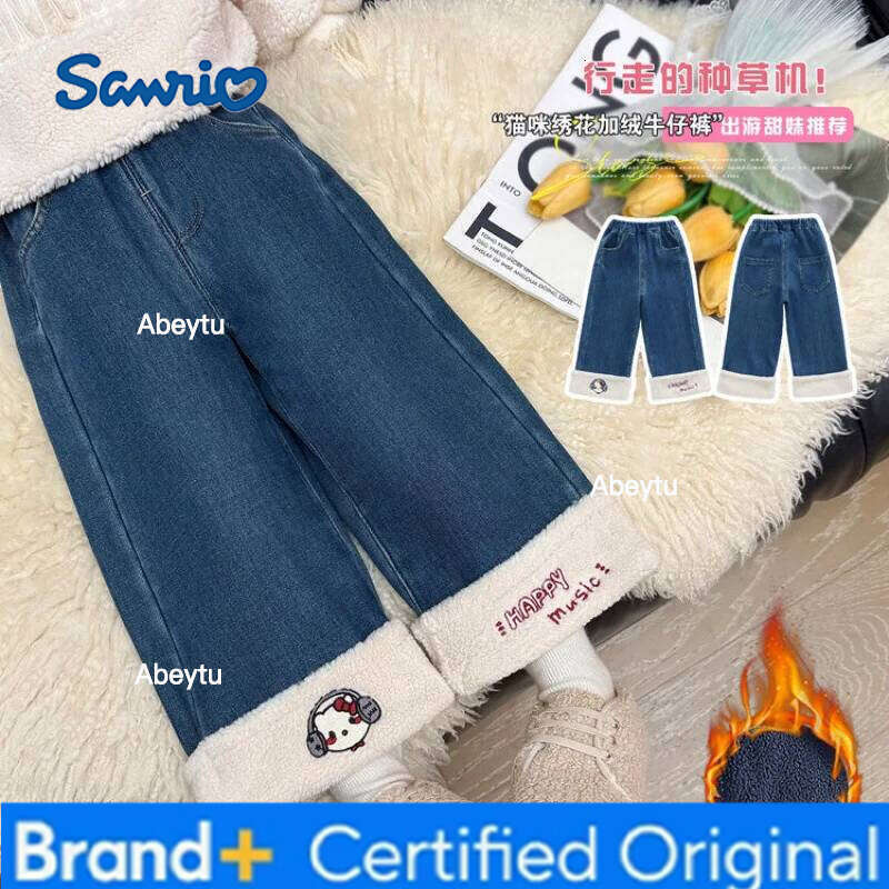 Sanrio Girls Jeans Velvet Autumn Winter New Leisure Trousers Loose Keep Warm Kawaii Cartoon Anime Thicken Straight Pants H260206