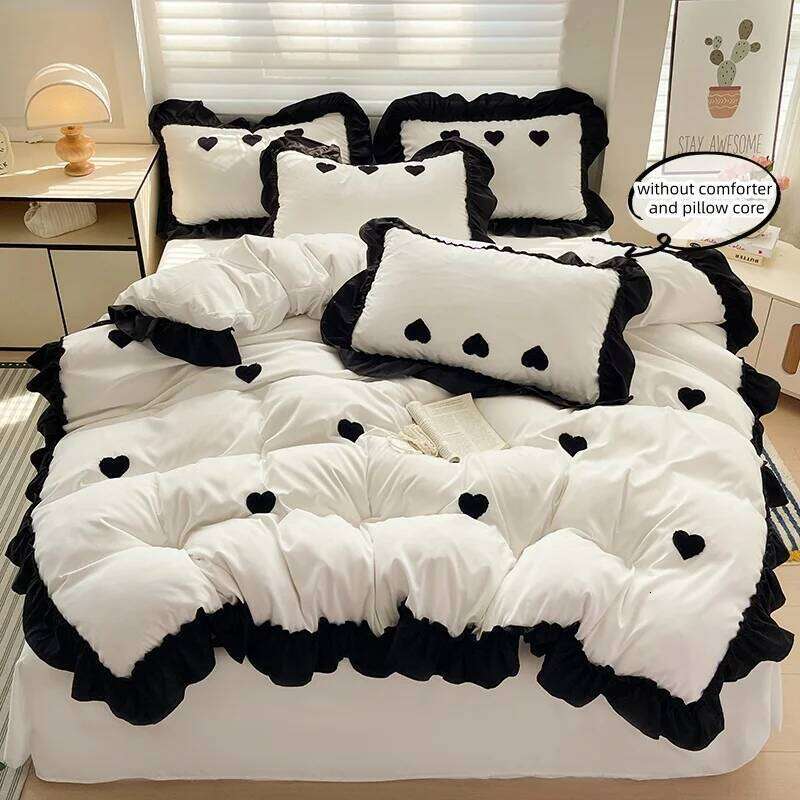 3 Piece Sheet Black Heart Embroidery Duvet Cover Set, Comfortable Bedding Set Bedspread for All Seasons XJ260206