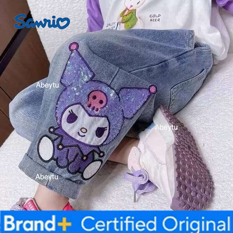 Sanrio Anime Girl Spring and Autumn Cartoon Cute Glitter Kuromi Fashion Baby Sweet Cool Soft Jeans Children's loose casual jeans H260206