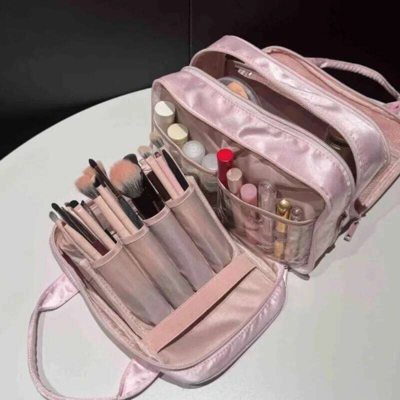 Pink High Capacity Cute Cosmetic Bow Embroidery Casual Makeup Multilayer Versatile Toiletry Travel Storage Bag Women Y260206