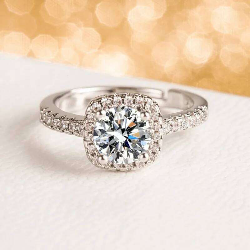 Luxury Geometric Square Zircon Opening Couple Rings for Women Men Exquisite Silver Color Stainless Steel Finger Wedding Jewelry W260206