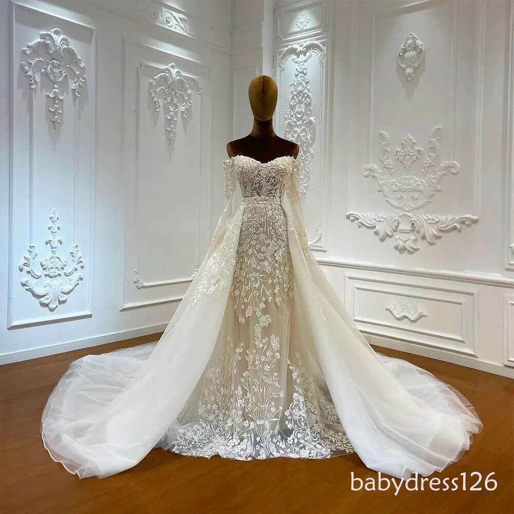 Custom Off Shoulder Appliques Lace Long Sleeves 2 in 1 quinceanera Mermaid Wedding Dress
