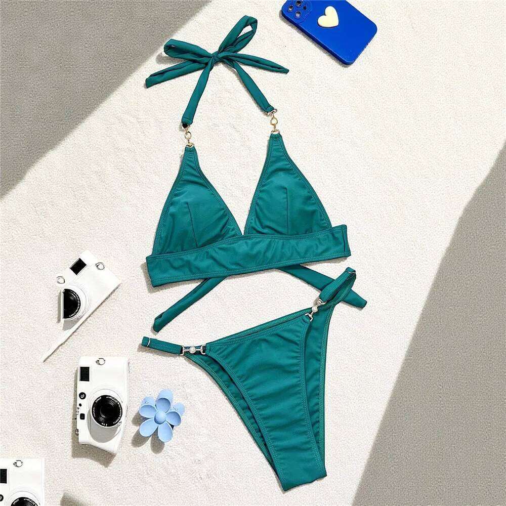 Green Halter Knotted Bikini Swimwear Women Bead Micro Thong Sexy Swimsuit 2026 Swimming Suit Wear Woman Bikinis Set Mujer XJ260206