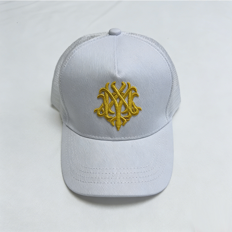 Men's Women's White Gold Embroidery Mesh Cap Adjustable Curved Brim Streetwear Hat