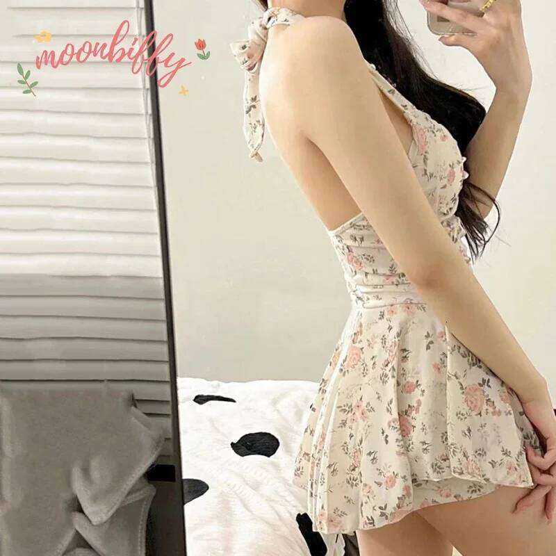 Women Hanging Neck Sweet Cute Swimwear Sexy One-piec Wear Swim Beach Dress Swimsuit High Waist Bathing Suit For Girls Z260206