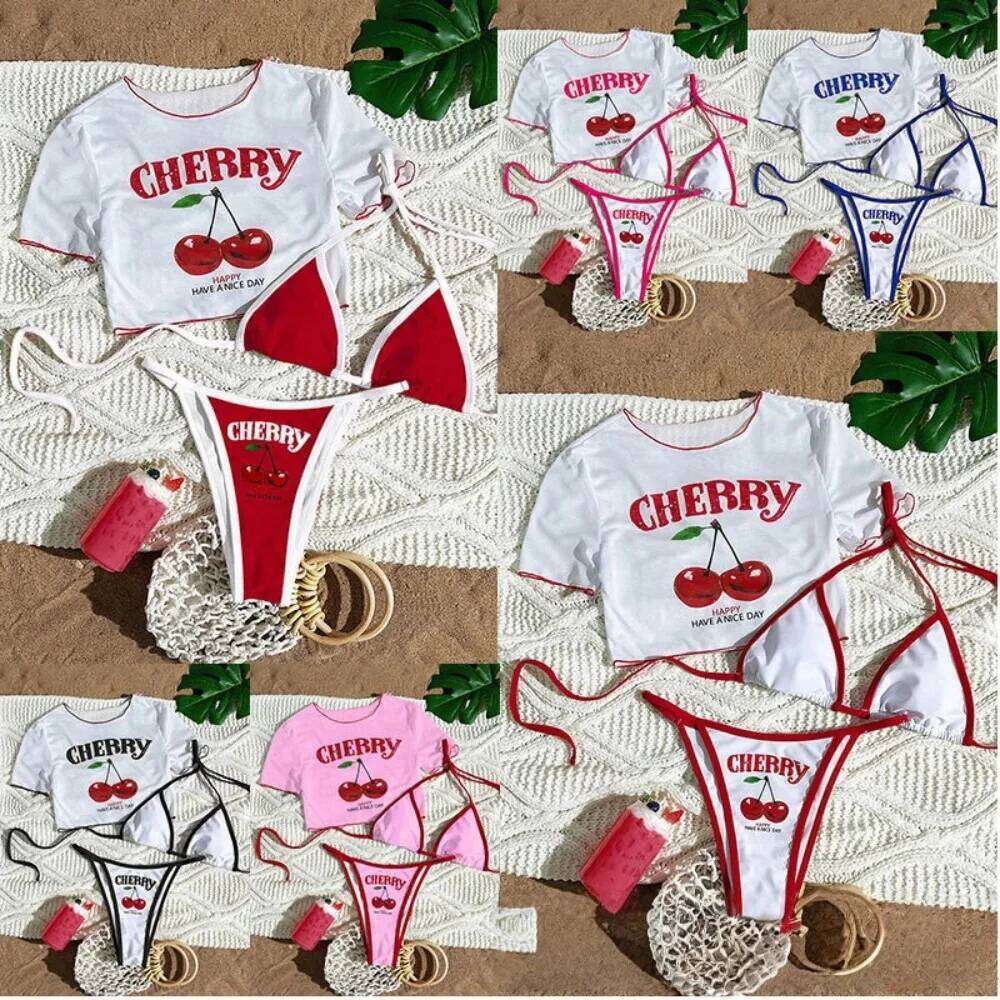 2026 New Printed Top Mesh Blouse Split Sexy Three-Piece Bikini Swimsuit Women Z260206