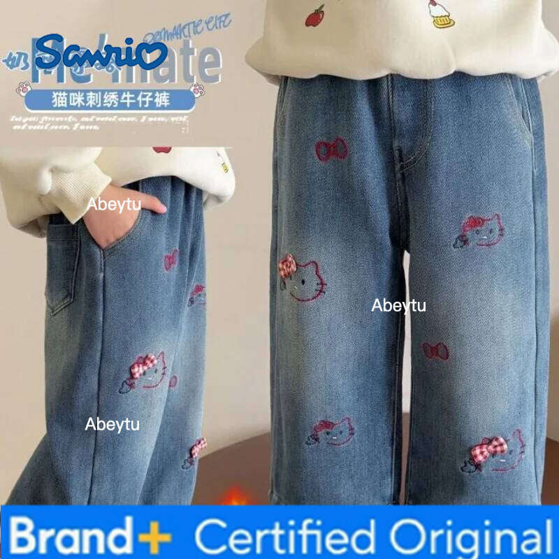 Sanrio Hello Kitty Jeans Fleece Lined Girls and Kids Autumn Winter Season New Style Casual Loose Fit Fashionable Denim Pants H260206