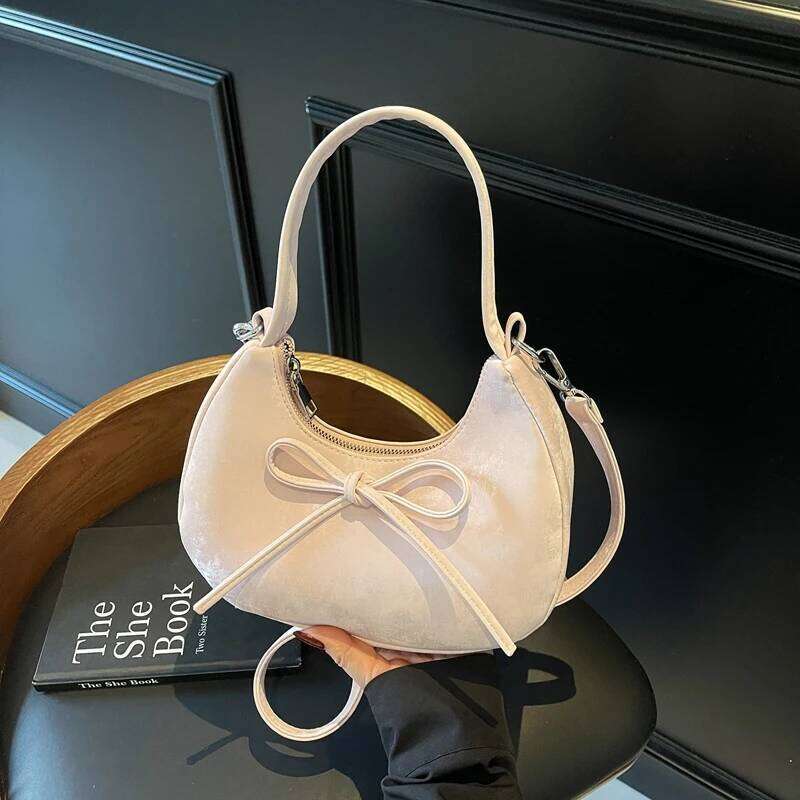 Half Moon Solid Zipper PU Shoulder and Crossbody Bags Simple Fresh Versatile Bow Compact Handbags for Women 2025 Fashion New Y260205
