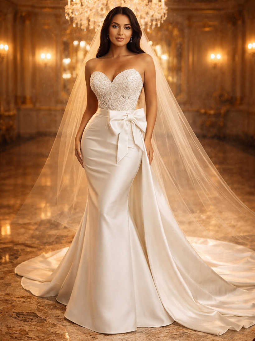 Bride Wedding Dress 2026 Customized Pearls Sweetheart Sleeveless Sweep Train Mermaid Bridal Gown with Detachable Train