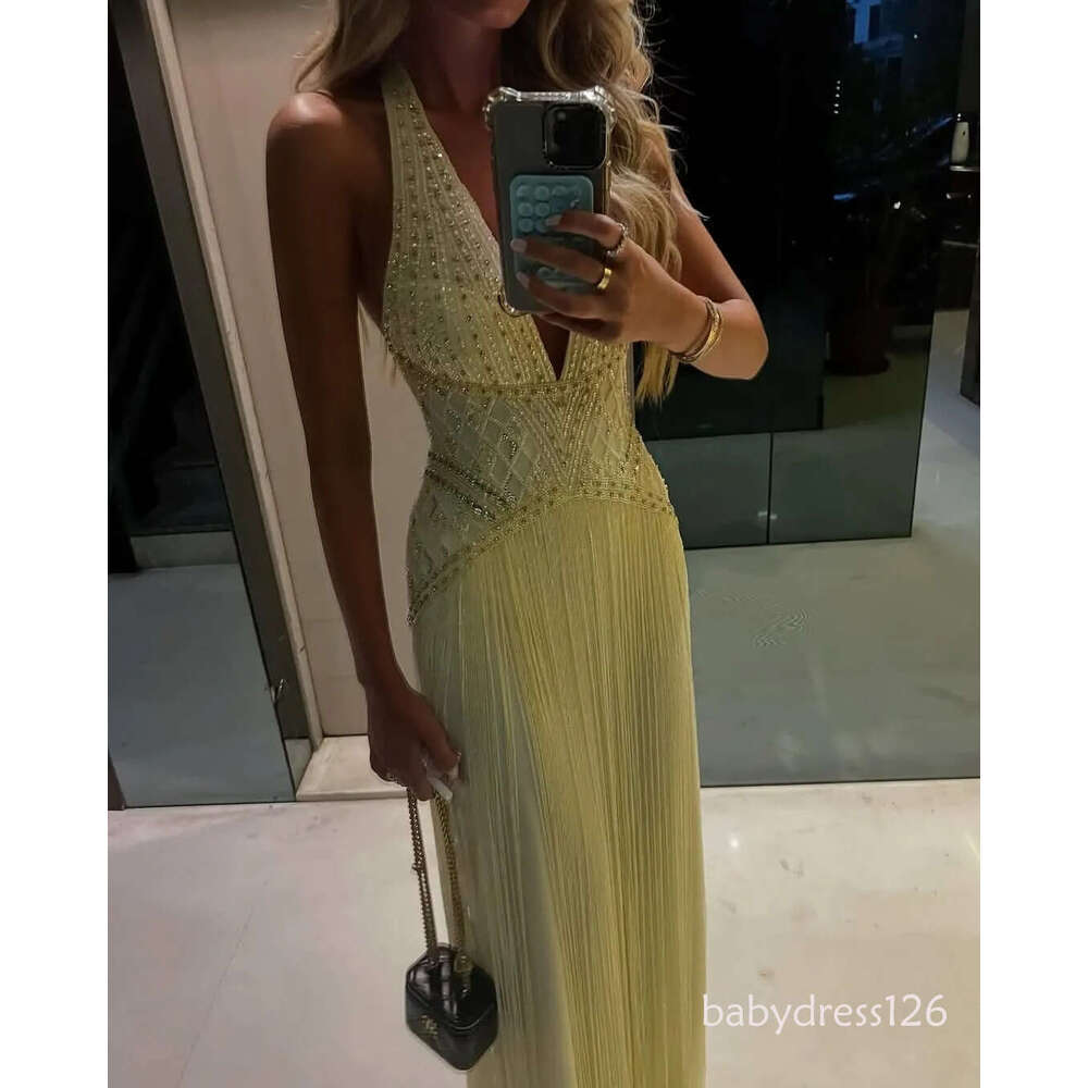 Fashion Luxury Crystal Beadings Sequins Glitter Evening Dress Sexy V Neck Backless Tassel Prom Party Gowns Women Formal Occasion Robes de soiree BC204