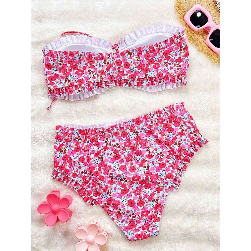 Flowers Printed Ruffled Bandeau Female Swimsuit High Waist Women Swimwear Two-pieces Bikini set Bather Bathing Suit Swim XJ260206