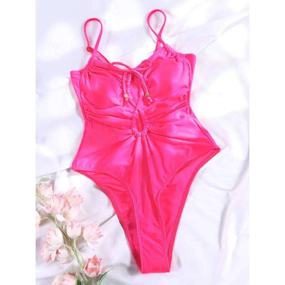 Pleated One Piece For Women Solid Swimsuit Hollow Out Swimwear Sexy High Waist Bathing Suit 2025 Bodysuit Summer Beachwear Z260206