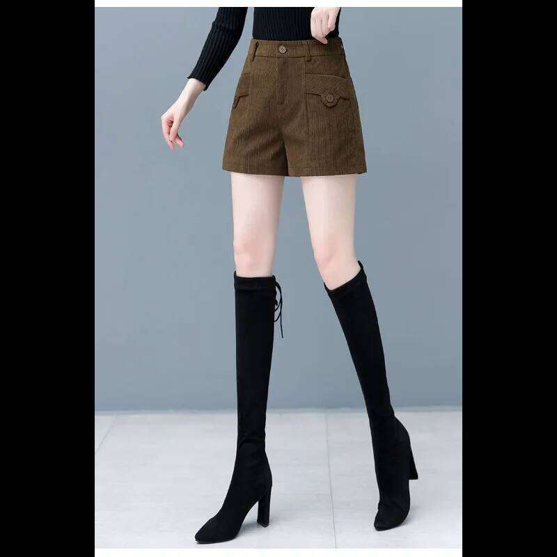 For Women Autumn Winter New Arrival High Waist Loose A Line Wide Leg Slim Fit Corduroy Outerwear Boot Shorts XJ260206