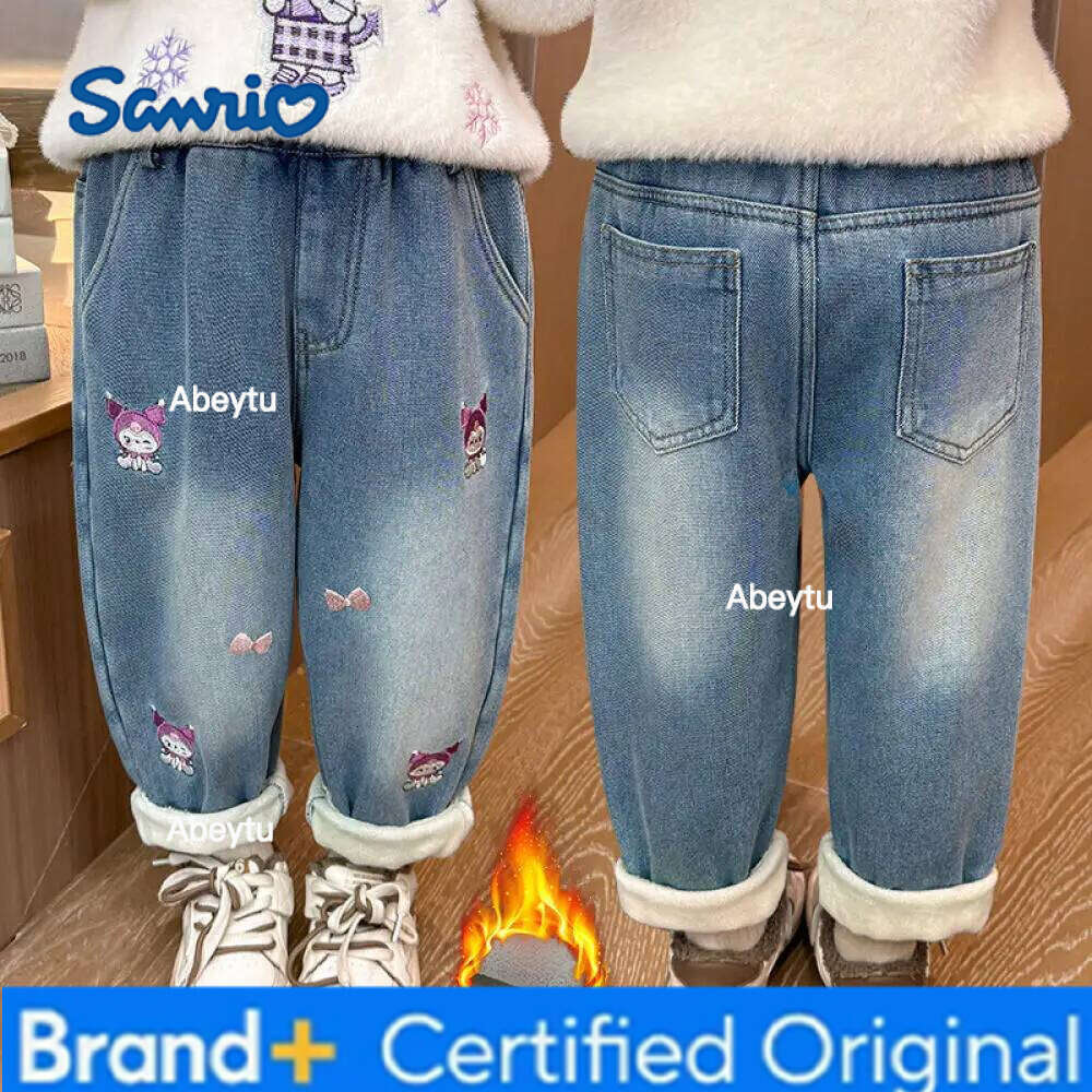 Sanrio Girls' Kuromi Fleece-Lined Jeans Winter and Spring New Fashion Children's Cute Cartoon Embroidery Bow Casual Long Pants H260206