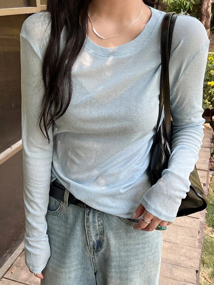 2026 Spring Summer Ice Silk Sun Protection Shirt Long Sleeve Solid Loose Versatile Cover Up Top Sexy Seethrough Women TShirts 260127