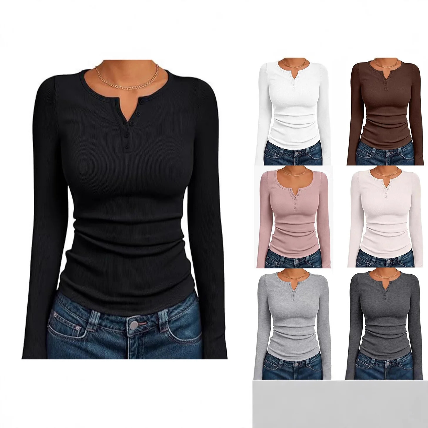 Fashionable Womens Long Sleeve Slim Fit Autumn Henry Collar TShirt Ribbed Basic Style Top for Ladies 260127