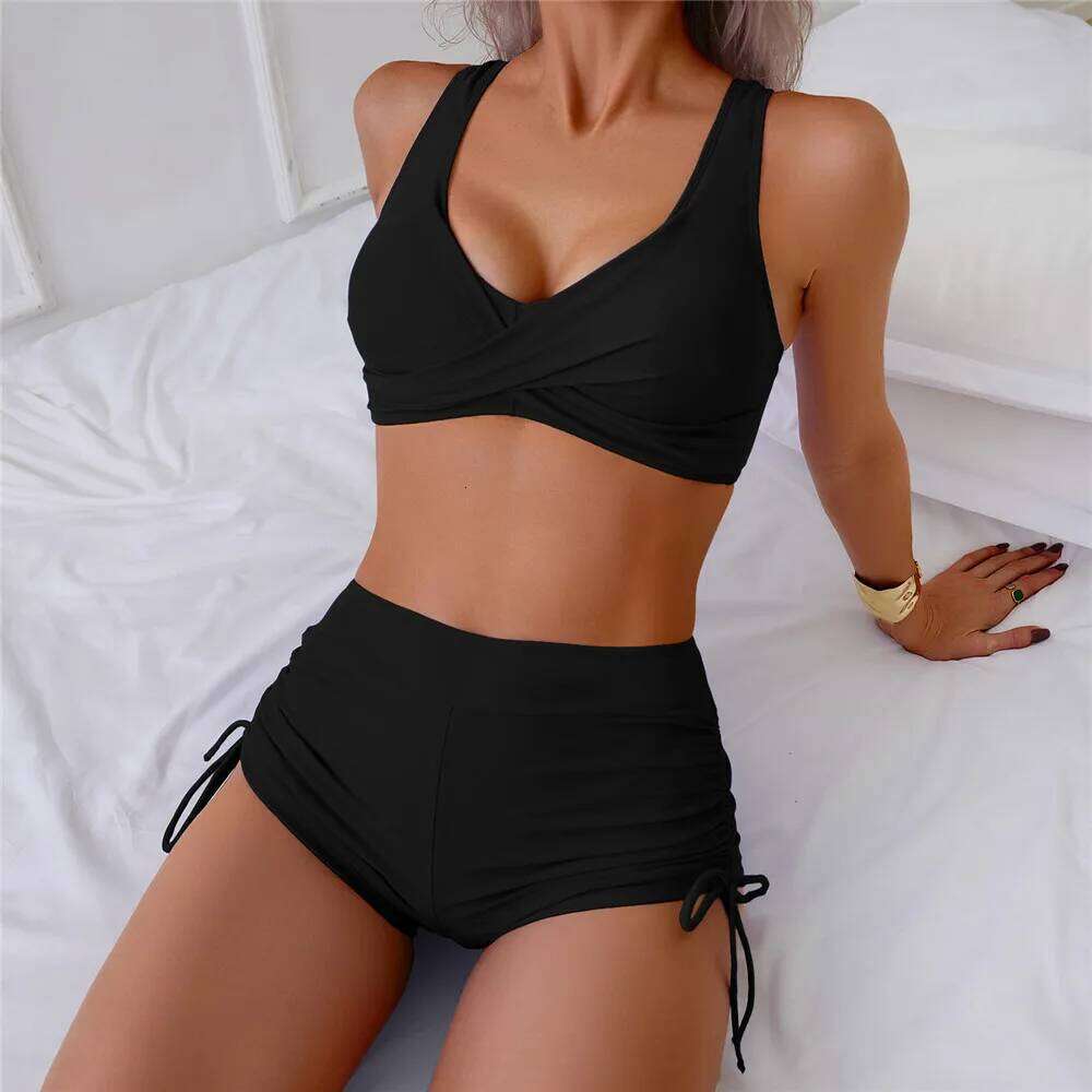 Blue Push Up Bikini High Waist Shorts Bottom Sexy Swimsuit Women Cross Wrinkled Solid Swimwears Bathing Suit Bikinis Sets Mujer XJ260206