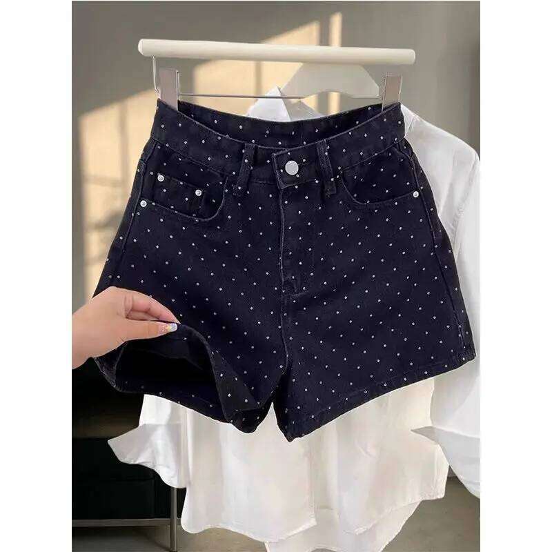 Black Polka Dot Denim Shorts Female Girl with High Waist Slimming Wide Legs A-line Hip Hot Pants XJ260206