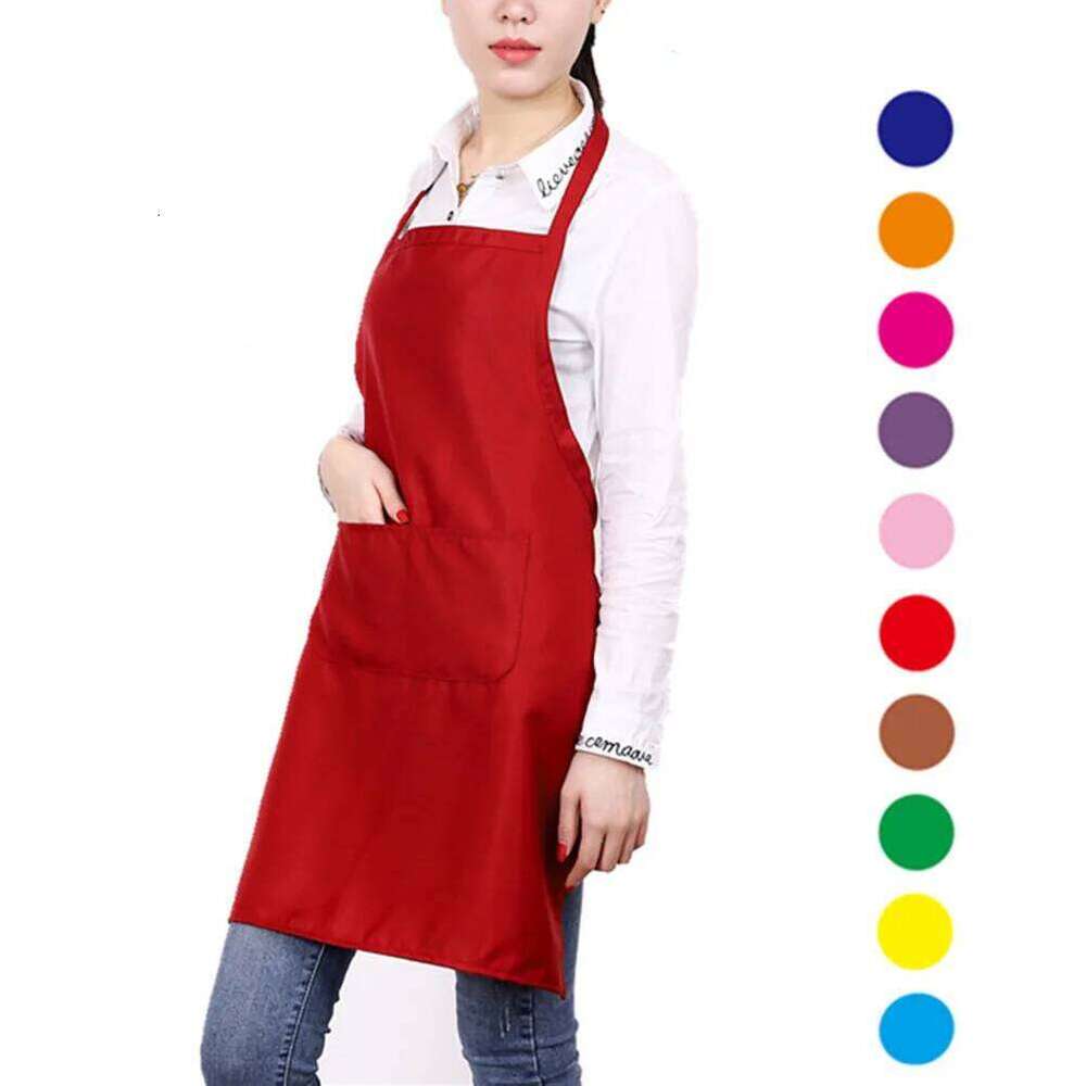 Waterproof Halter-Neck Kitchen Apron Pocket for Restaurant Home 60x70cm Red Bib Aprons with Pockets S260205