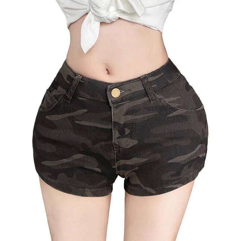 American Camouflage Elastic Denim Women's Summer New Low-rise Slim Jean Y2k Booty Shorts C260206