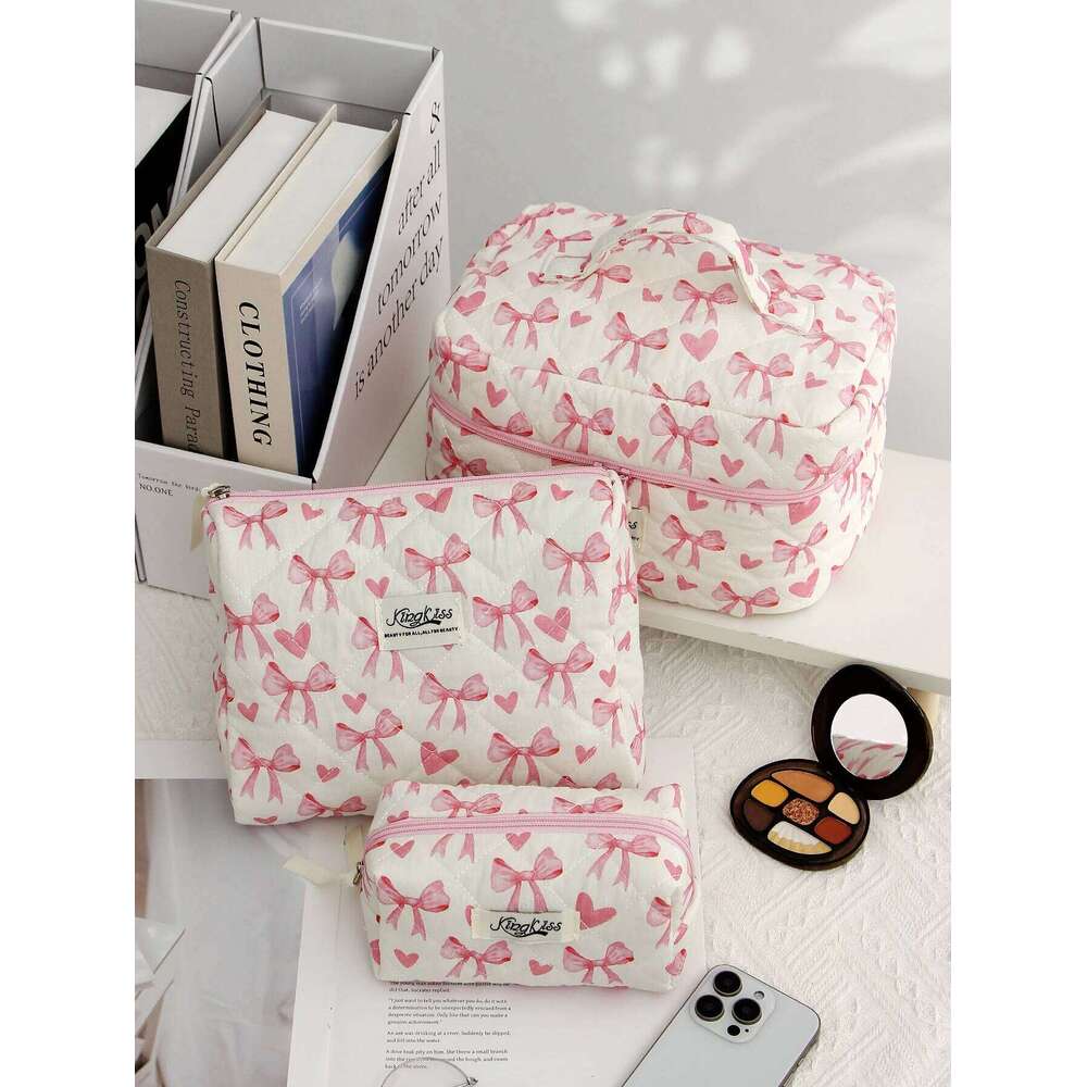 Bow Pattern Bag Set, Cute Cosmetic Large Capacity Travel Toiletry Bag, Zipper Makeup Organizer Pouch Y260206