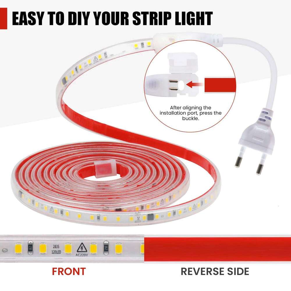 IP65 Waterproof LED Strip Light 220V SMD2835 120LEDs/m Flexible Ribbon Adhesive Tape Lamp Cuttable Warm Cool White with EU Plug Z260206