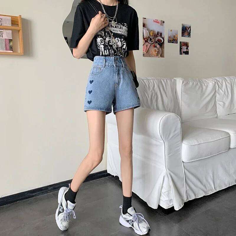 Denim Shorts Women Loose High Waist Sweetheart Embroidery Design Lovely Students Casual Wide Leg Fashion Korean Harajuku Vintage XJ260206