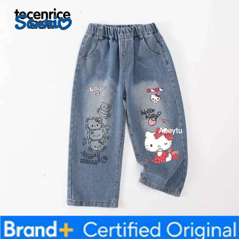 Sanrio Hello Kitty Denim Jeans for Little Girls Long Pants Spring Autumn Loose Fit Wide Leg Fashionable Cartoon New Style 2026 H260206