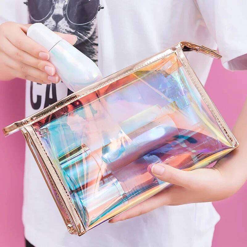 PVC Waterproof Transparent Cosmetic Wash Toiletry Makeup Bag Organizer Female Girls Laser Color Zipper Make Up Beauty Case Y260206