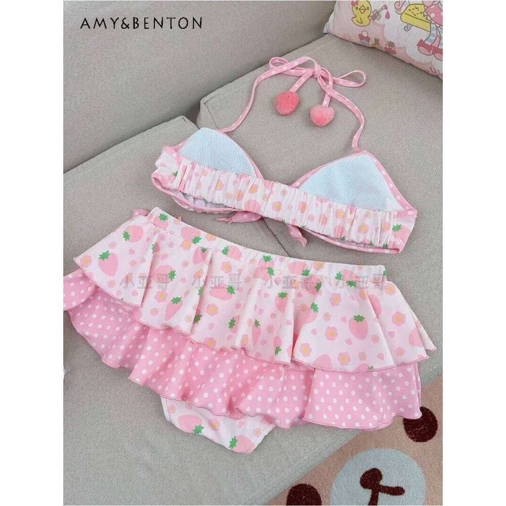 Kawaii Cartoon Strawberry Print Two-Piece Skirt Swimsuit Cute Princess Style Beach Swimwear Sweet Girl Sexy Bikini Set XJ260206
