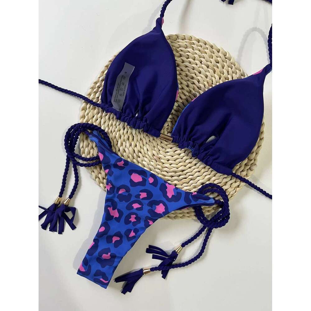 New Arrival Rope Printed Sexy Backless Split Swimsuit Nylon Spliced Color Bikini Z260206