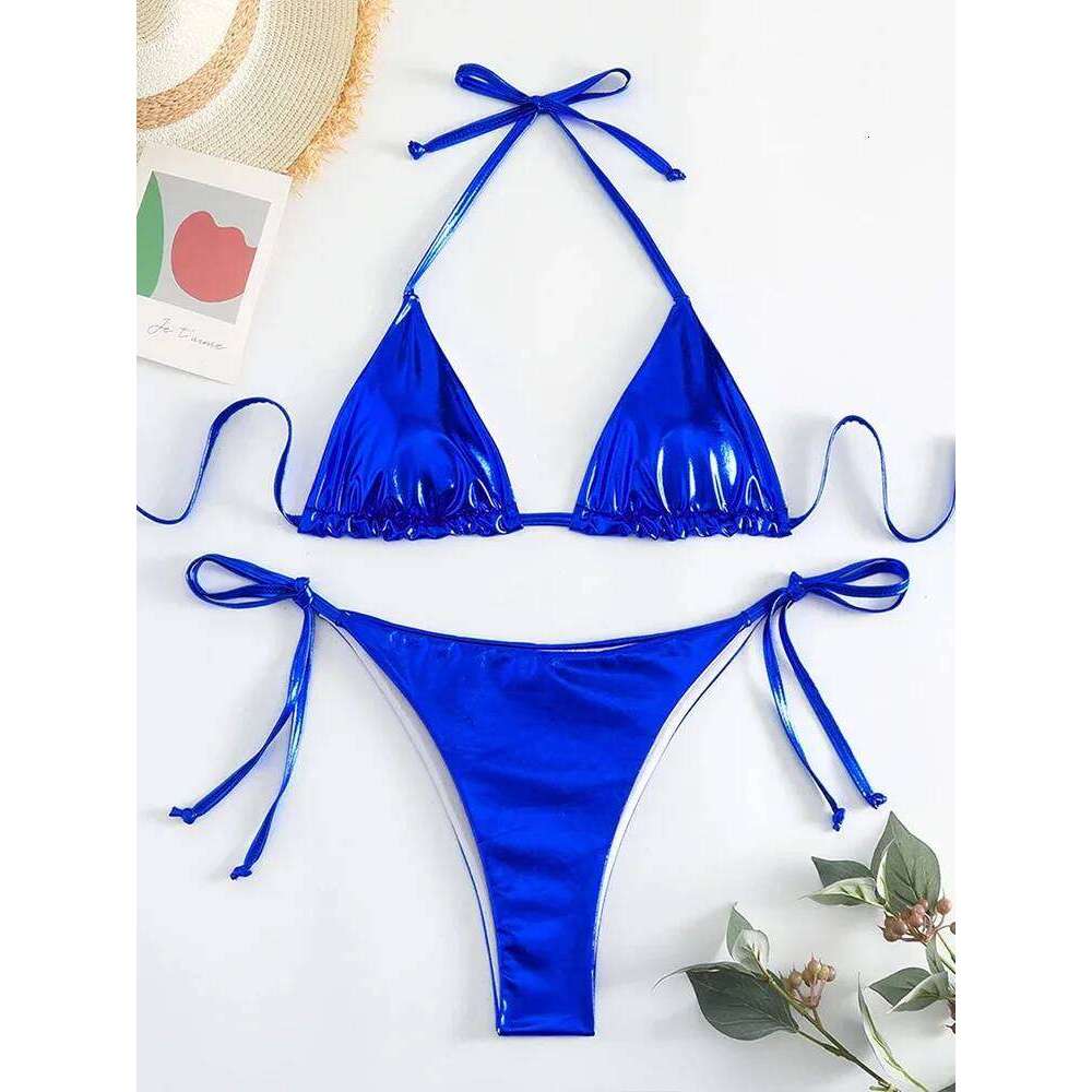 Sexy Metallic Halter Bikinis Sets Lace Up Triangle Tie Side Bikini 2024 Swimsuit Women Swimwear Brazilian Female Bathing Suits Z260206