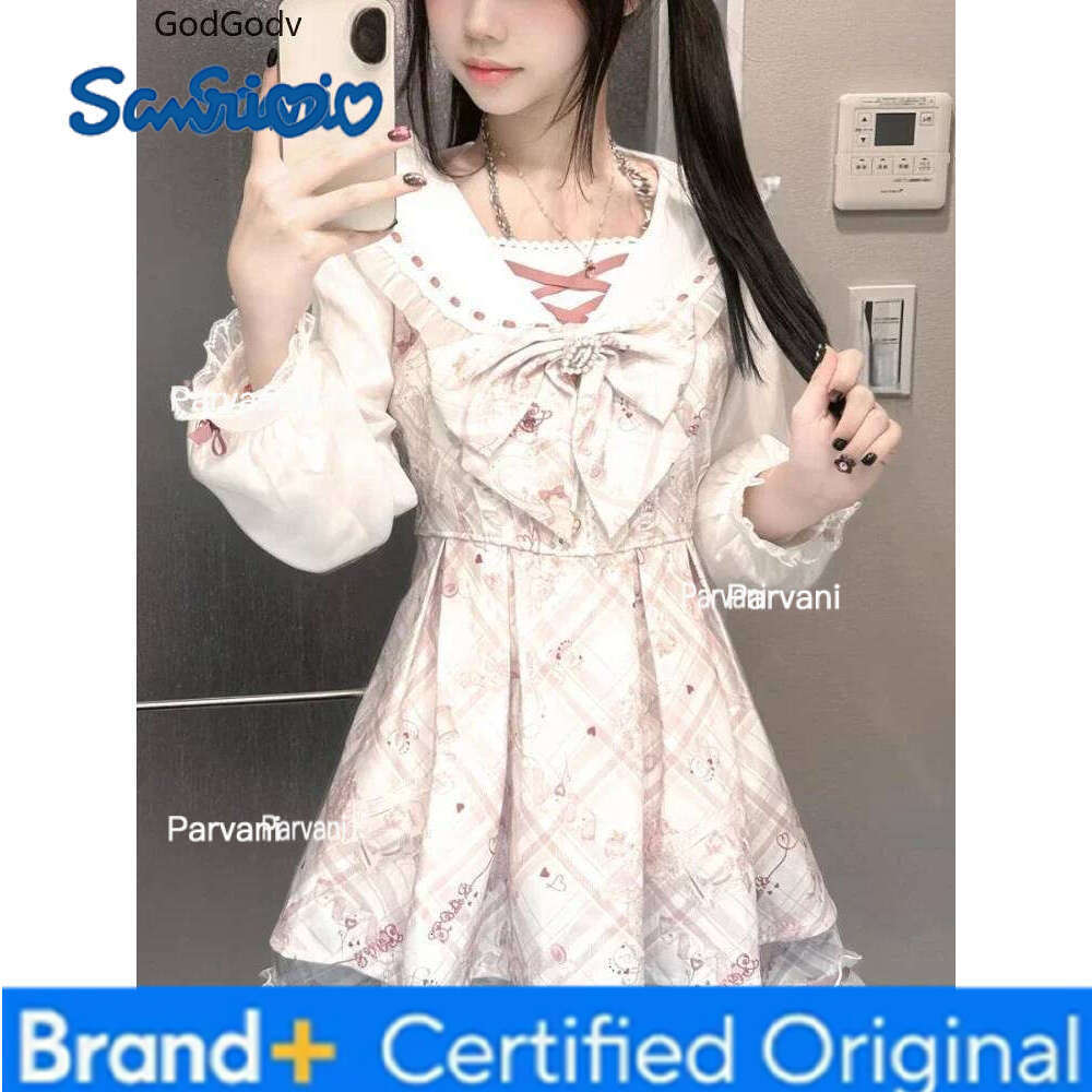 Sanrio 2025 Japanese Sweet Lolita Kawaii Women Spring Printed Bow Fake Two Piece Dress Female Korea Style Design Party Clothing H2602061 - view 3