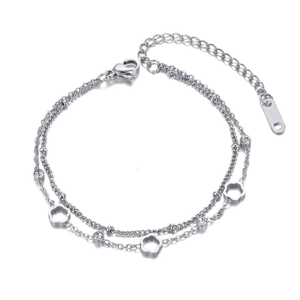 JeeMango Bohemia Stainless Steel Double-layer Charm Bracelets Trendy CZ Crystal Flower Chain Jewelry For Women JB2102 26H0206