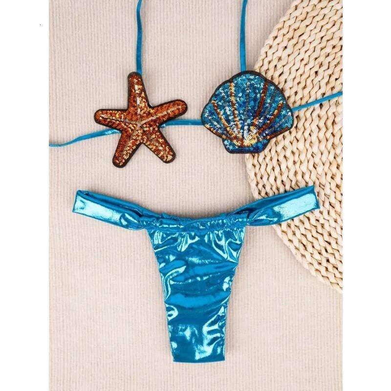 2025 Shiny Sequin Shell Starfish Bikini Set Women Sexy Push Up Pleate Thong Swimsuit Swimwear Brazilian Beach Micro Bathing Suit Z260206